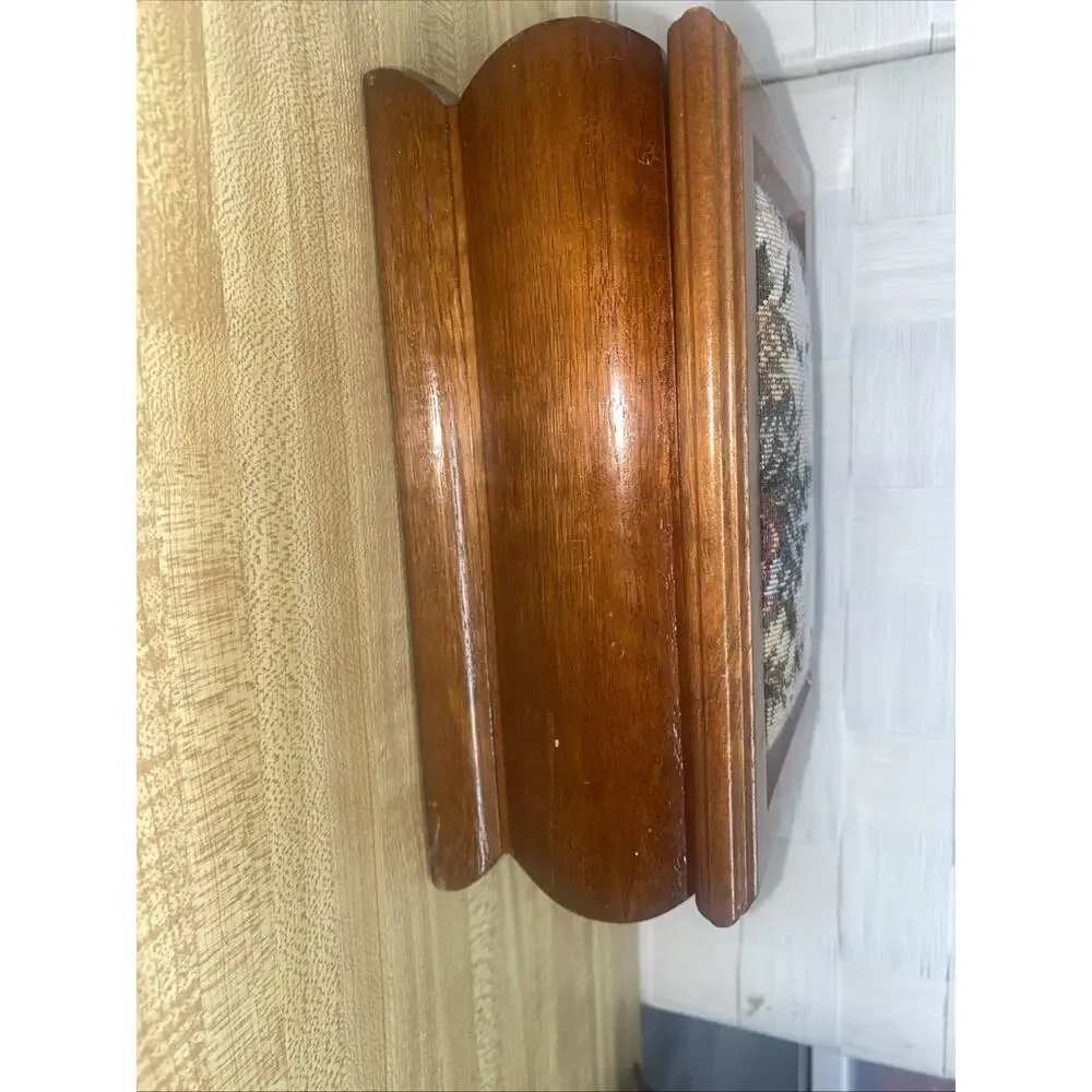Vintage Jewelry Box Wood with Floral Tapestry Inlaid Top Mirrored Velvet Inside